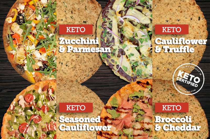 Keto crusts: Zucchini & Parmesan, Cauliflower & Truffle, Seasond Cauliflower, Broccoli & Cheddar